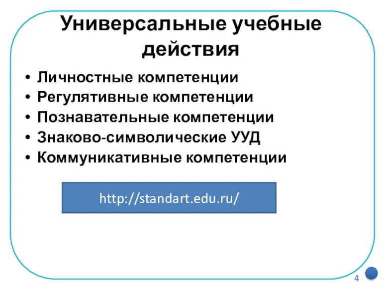 Универсальные учебные действия Личностные компетенции Регулятивные компетенции Познавательные компетенции Знаково-символические УУД Коммуникативные компетенции http://standart.edu.ru/