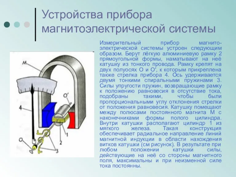 Измерительный прибор магнито- электрической системы устроен следующим образом. Берут лёгкую алюминиевую рамку