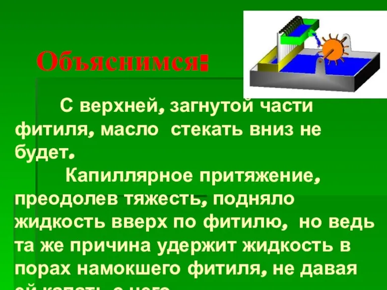 Объяснимся: С верхней, загнутой части фитиля, масло стекать вниз не будет. Капиллярное