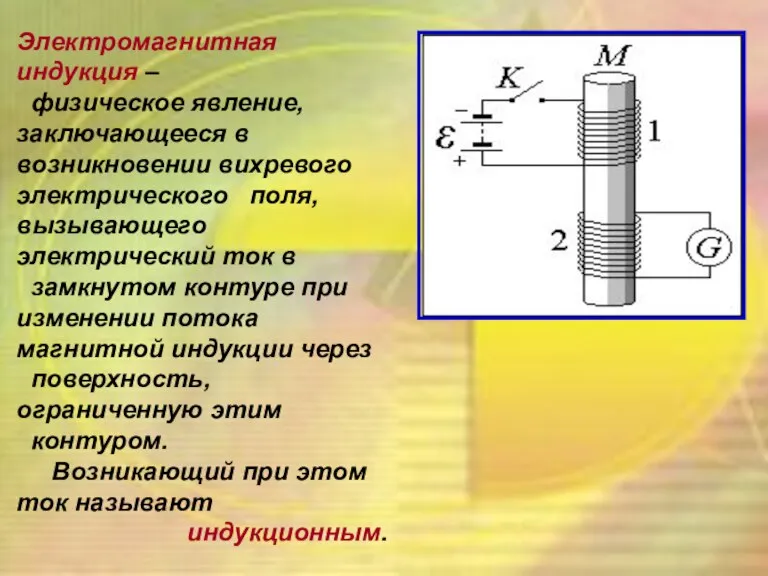 Электромагнитная индукция – физическое явление, заключающееся в возникновении вихревого электрического поля, вызывающего