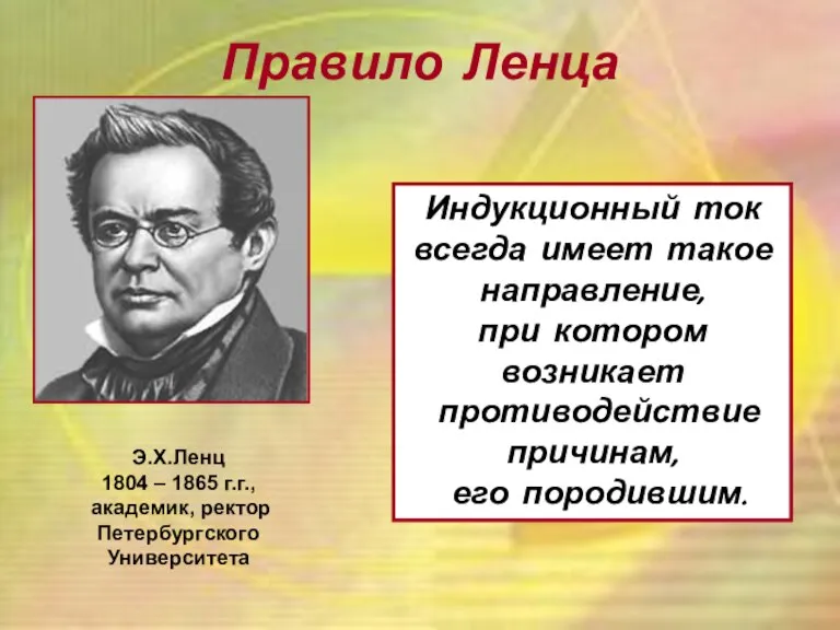 Правило Ленца Э.Х.Ленц 1804 – 1865 г.г., академик, ректор Петербургского Университета Индукционный