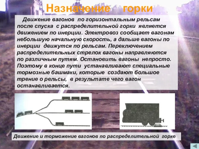 Назначение горки Движение вагонов по горизонтальным рельсам после спуска с распределительной горки