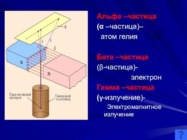 Альфа –частица (α –частица)– атом гелия Бета –частица (β-частица)- электрон Гамма –частица (γ-излучение)- Электромагнитное излучение