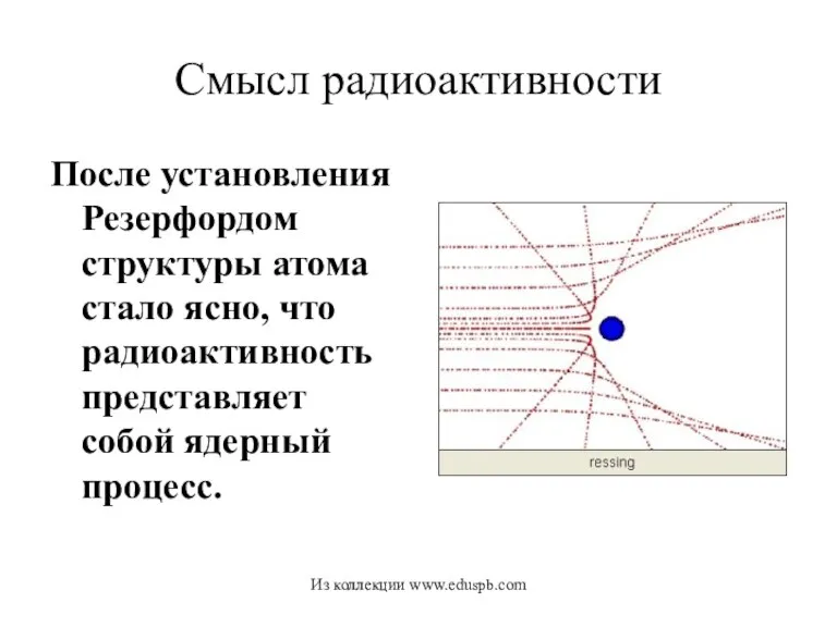 Смысл радиоактивности После установления Резерфордом структуры атома стало ясно, что радиоактивность представляет