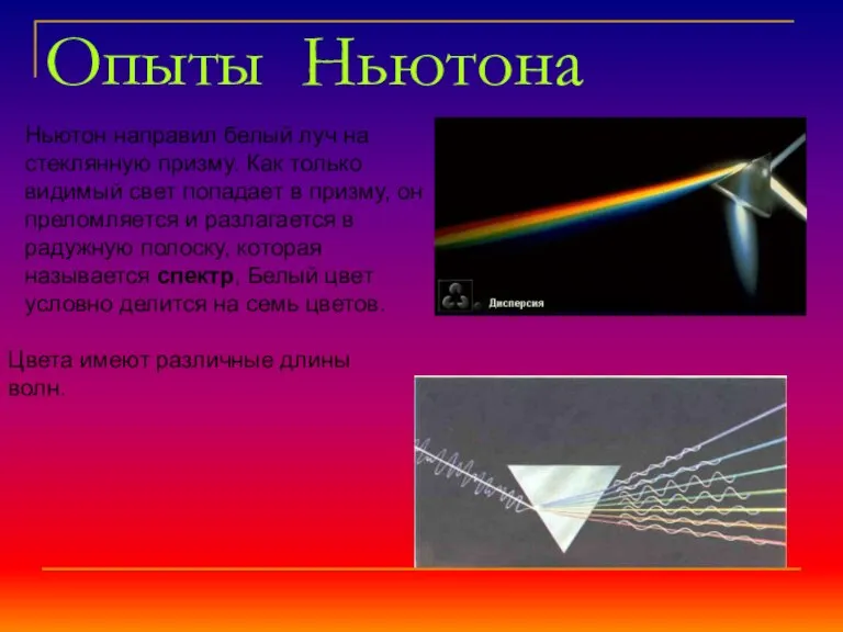 Опыты Ньютона Ньютон направил белый луч на стеклянную призму. Как только видимый