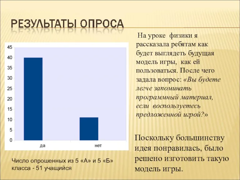 На уроке физики я рассказала ребятам как будет выглядеть будущая модель игры,