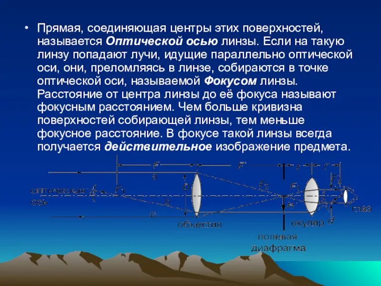 Прямая, соединяющая центры этих поверхностей, называется Оптической осью линзы. Если на такую