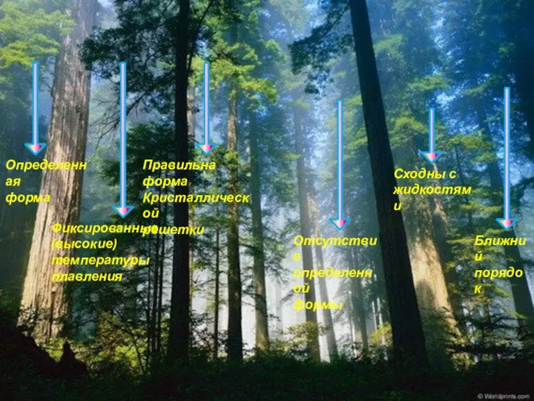 Кристаллы Аморфные тела Определенная форма Фиксированные (высокие) температуры плавления Правильна форма Кристаллической