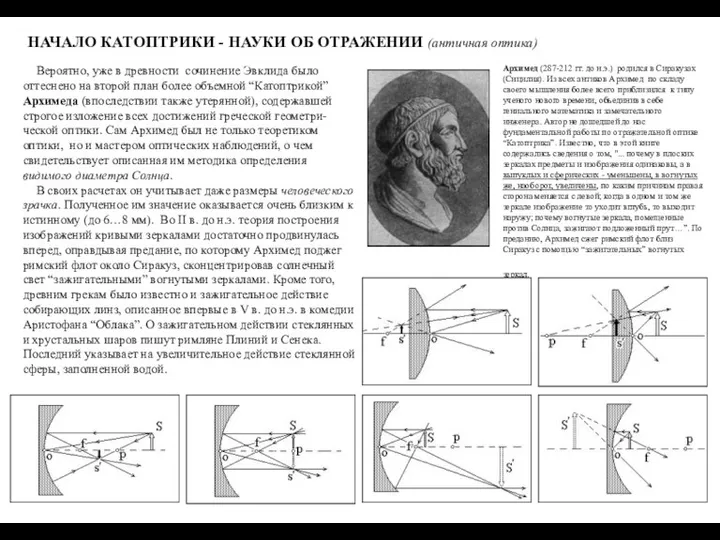 НАЧАЛО КАТОПТРИКИ - НАУКИ ОБ ОТРАЖЕНИИ (античная оптика) Вероятно, уже в древности