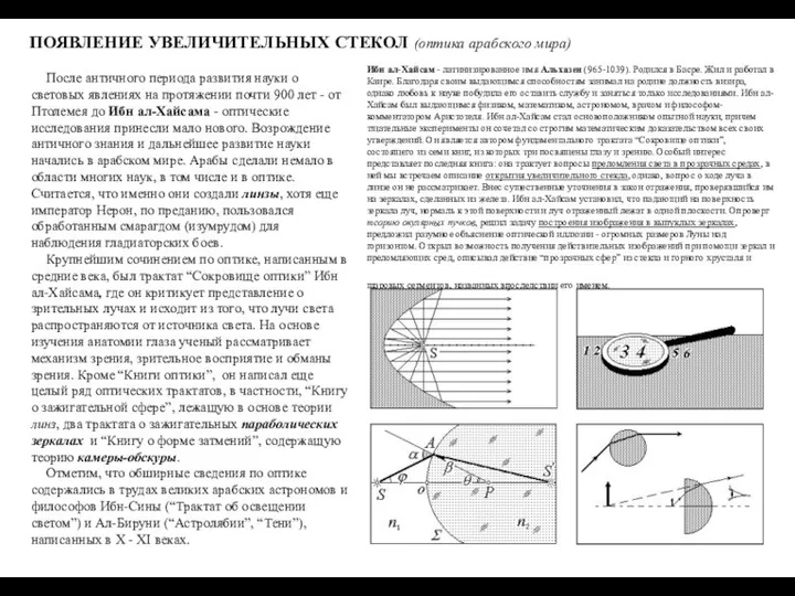 ПОЯВЛЕНИЕ УВЕЛИЧИТЕЛЬНЫХ СТЕКОЛ (оптика арабского мира) После античного периода развития науки о