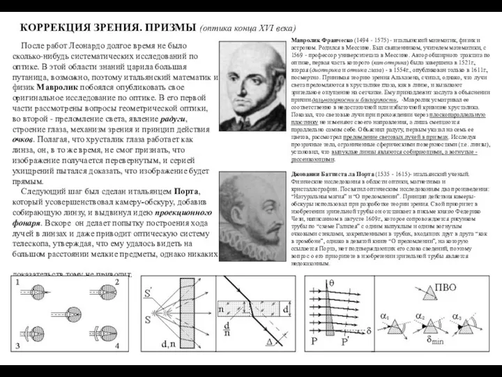 КОРРЕКЦИЯ ЗРЕНИЯ. ПРИЗМЫ (оптика конца XVI века) После работ Леонардо долгое время