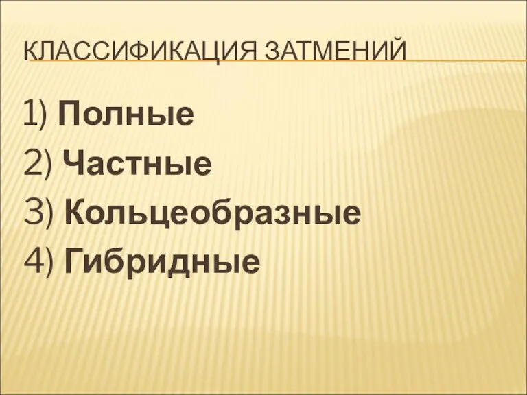 КЛАССИФИКАЦИЯ ЗАТМЕНИЙ 1) Полные 2) Частные 3) Кольцеобразные 4) Гибридные