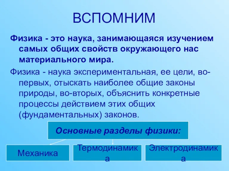 ВСПОМНИМ Физика - это наука, занимающаяся изучением самых общих свойств окружающего нас