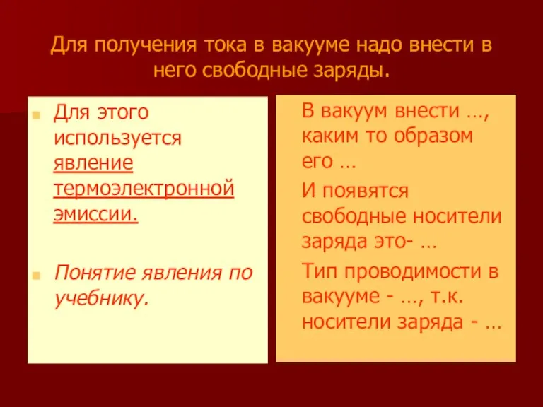 Для получения тока в вакууме надо внести в него свободные заряды. Для