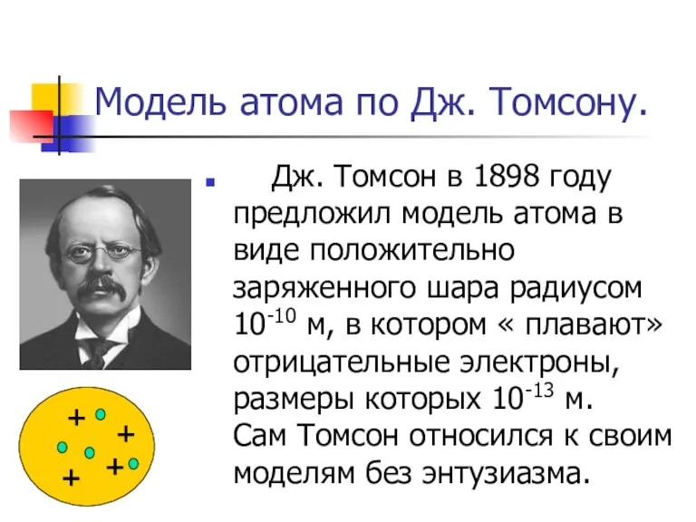 Модель атома по Дж. Томсону. Дж. Томсон в 1898 году предложил модель