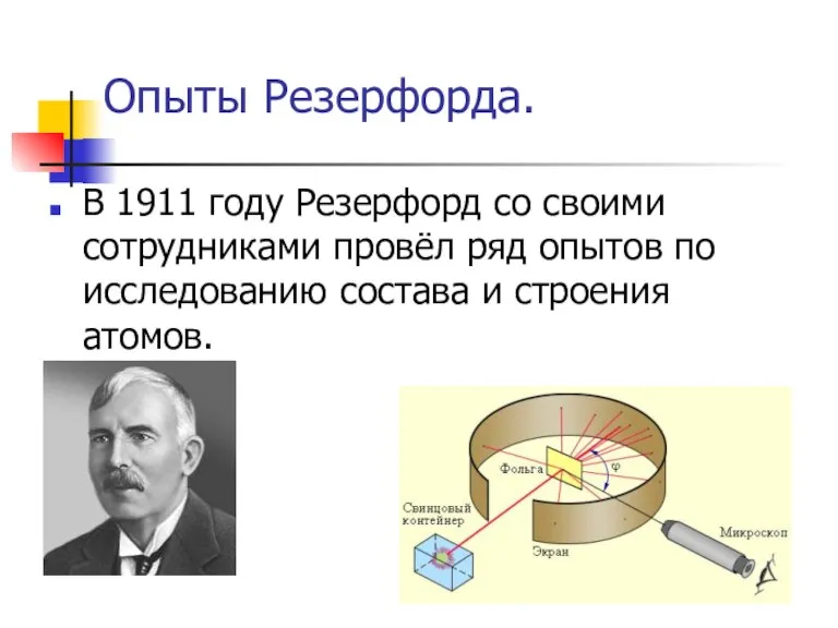 Опыты Резерфорда. В 1911 году Резерфорд со своими сотрудниками провёл ряд опытов