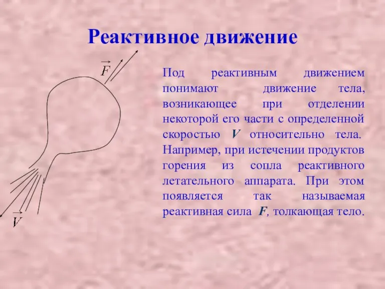 Реактивное движение Под реактивным движением понимают движение тела, возникающее при отделении некоторой