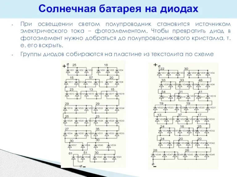 Солнечная батарея на диодах При освещении светом полупроводник становится источником электрического тока