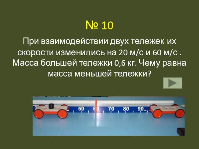 № 10 При взаимодействии двух тележек их скорости изменились на 20 м/с