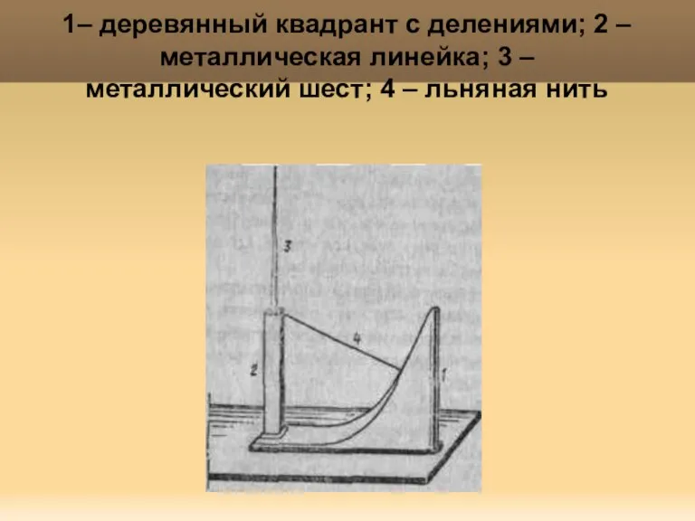 Яковлева Т.Ю. 1– деревянный квадрант с делениями; 2 – металлическая линейка; 3