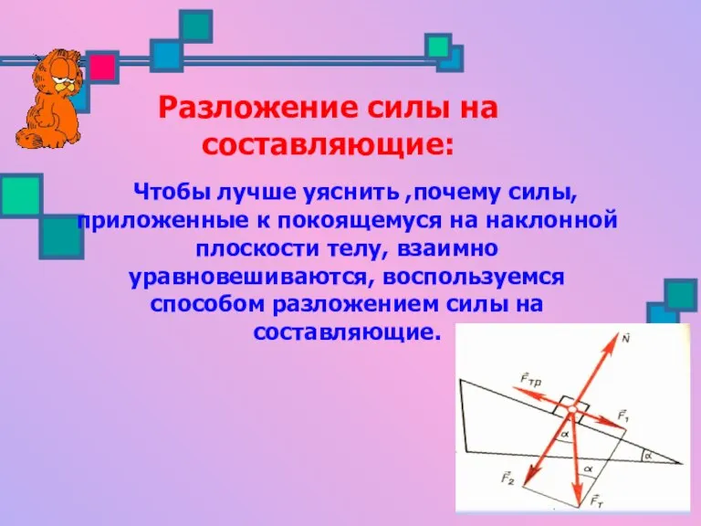 Разложение силы на составляющие: Чтобы лучше уяснить ,почему силы, приложенные к покоящемуся