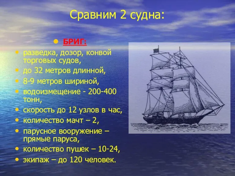 Сравним 2 судна: БРИГ: разведка, дозор, конвой торговых судов, до 32 метров