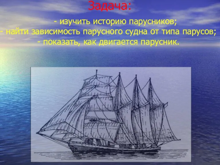 Задача: - изучить историю парусников; найти зависимость парусного судна от типа парусов; показать, как двигается парусник.