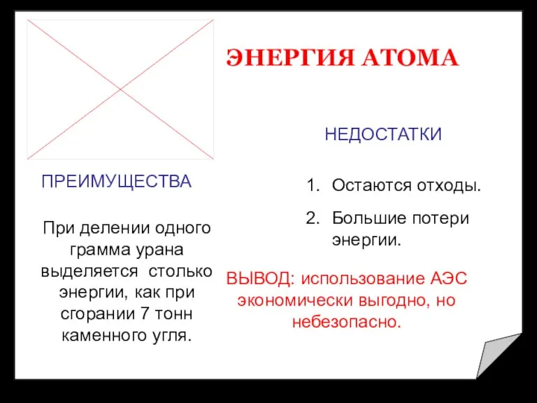 ЭНЕРГИЯ АТОМА ПРЕИМУЩЕСТВА НЕДОСТАТКИ При делении одного грамма урана выделяется столько энергии,