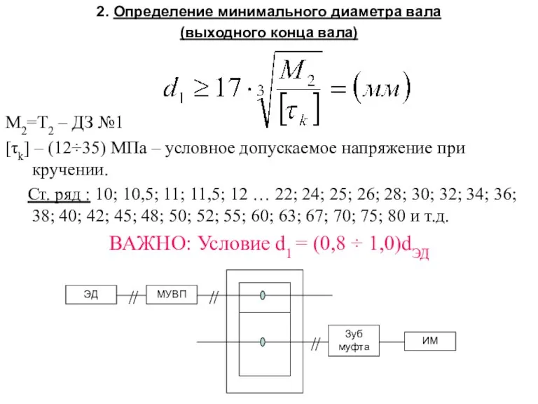 2. Определение минимального диаметра вала (выходного конца вала) M2=T2 – ДЗ №1