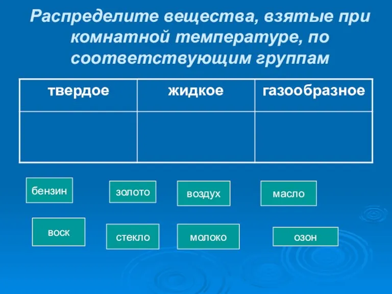 Распределите вещества, взятые при комнатной температуре, по соответствующим группам бензин воск золото