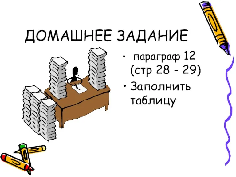 ДОМАШНЕЕ ЗАДАНИЕ параграф 12 (стр 28 - 29) Заполнить таблицу