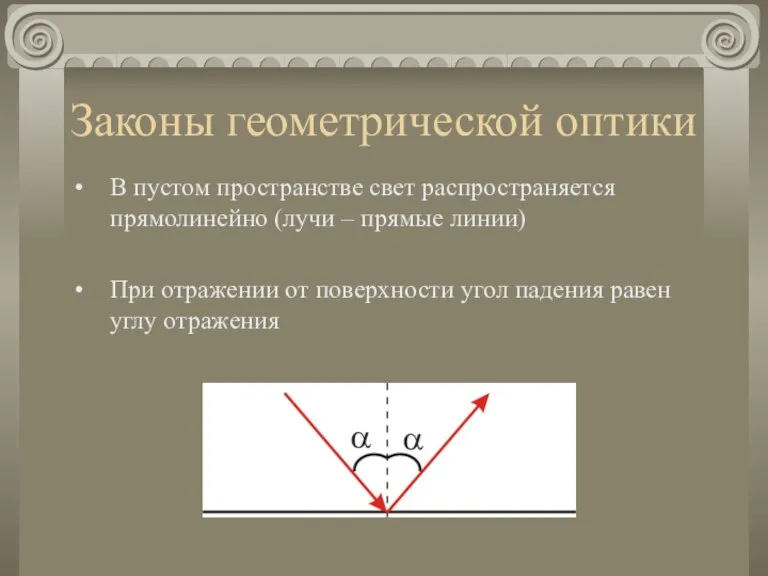 Законы геометрической оптики В пустом пространстве свет распространяется прямолинейно (лучи – прямые