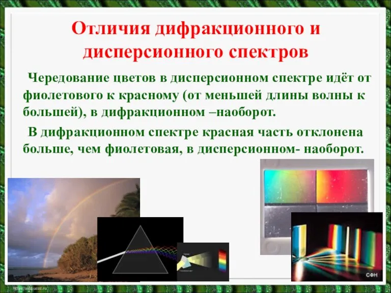 Отличия дифракционного и дисперсионного спектров Чередование цветов в дисперсионном спектре идёт от