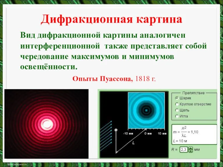 Дифракционная картина Вид дифракционной картины аналогичен интерференционной также представляет собой чередование максимумов