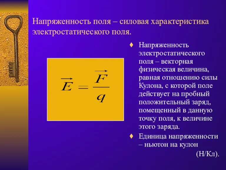 Напряженность поля – силовая характеристика электростатического поля. Напряженность электростатического поля – векторная