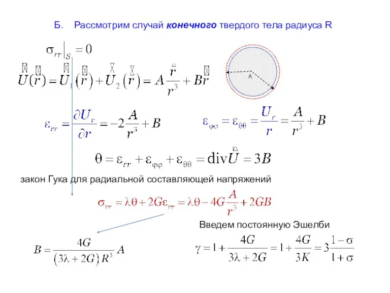 Б. Рассмотрим случай конечного твердого тела радиуса R закон Гука для радиальной