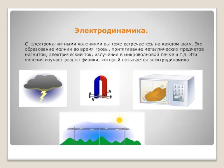 Электродинамика. С электромагнитными явлениями вы тоже встречаетесь на каждом шагу. Это образование