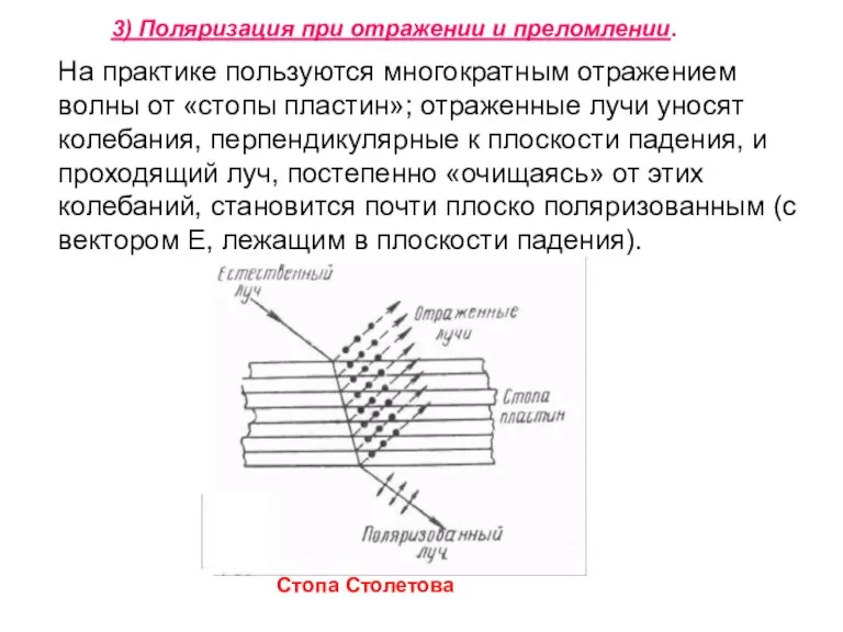 На практике пользуются многократным отражением волны от «стопы пластин»; отраженные лучи уносят