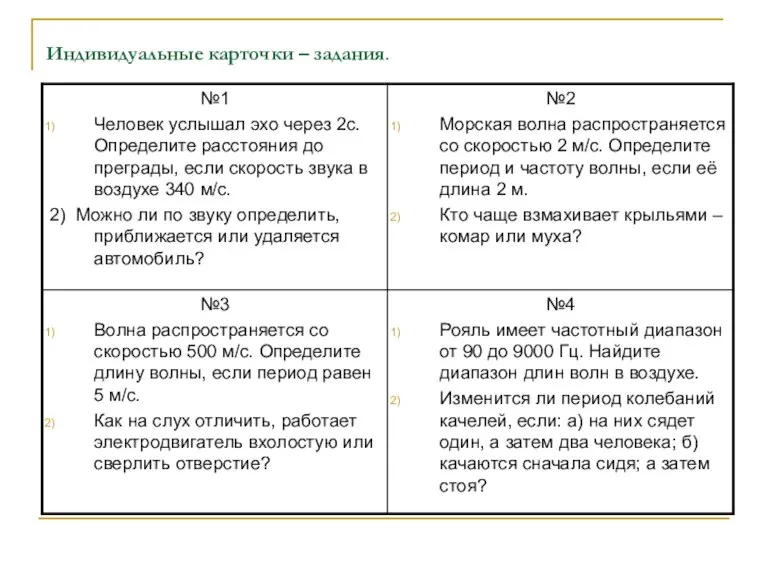 Индивидуальные карточки – задания.