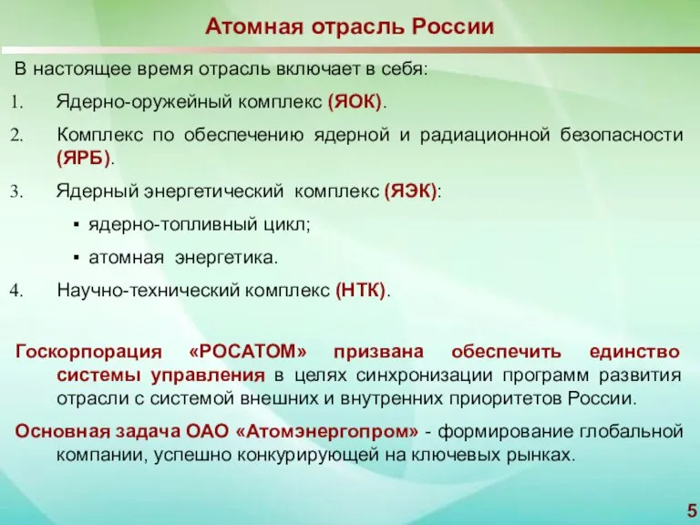 Атомная отрасль России В настоящее время отрасль включает в себя: Ядерно-оружейный комплекс