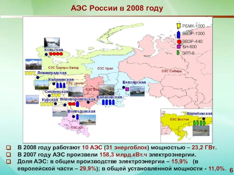 В 2008 году работают 10 АЭС (31 энергоблок) мощностью – 23,2 ГВт.