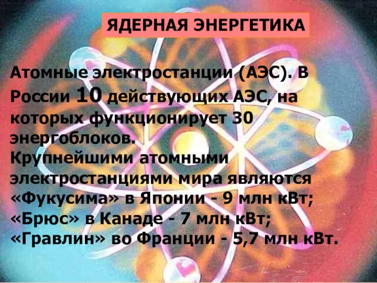 ЯДЕРНАЯ ЭНЕРГЕТИКА Атомные электростанции (АЭС). В России 10 действующих АЭС, на которых