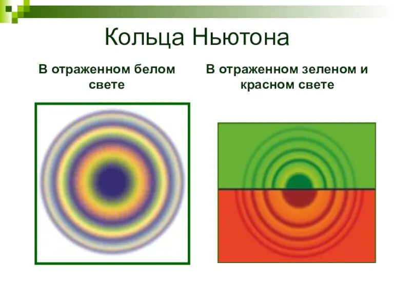 Кольца Ньютона В отраженном белом свете В отраженном зеленом и красном свете