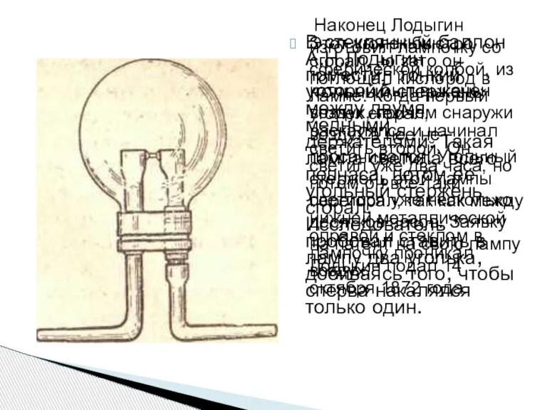 В стеклянный баллон А.Н.Лодыгин поместил тонкий угольный стержень между двумя медными держателями.