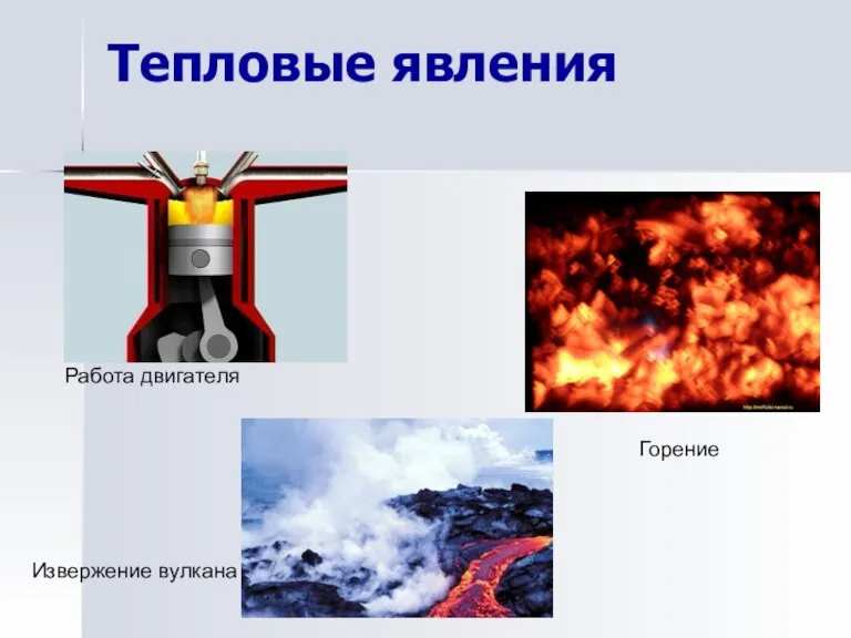 Тепловые явления Работа двигателя Горение Извержение вулкана