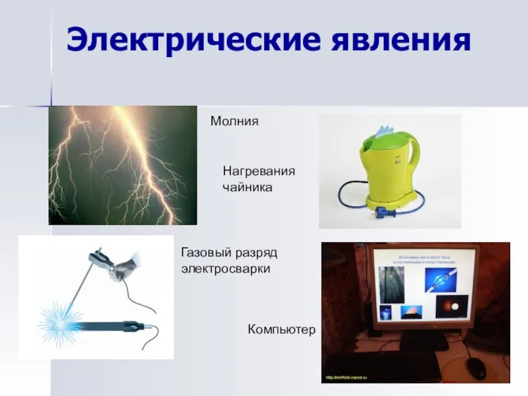 Электрические явления Молния Нагревания чайника Газовый разряд электросварки Компьютер