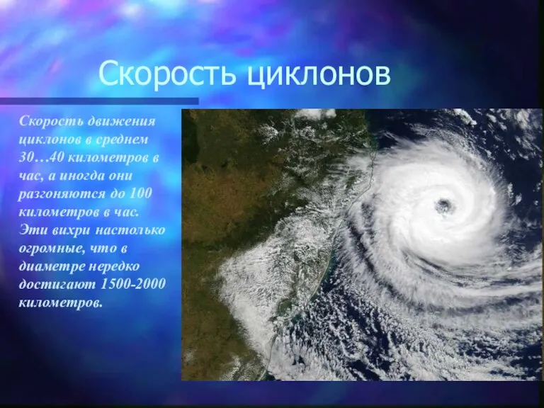Скорость циклонов Скорость движения циклонов в среднем 30…40 километров в час, а