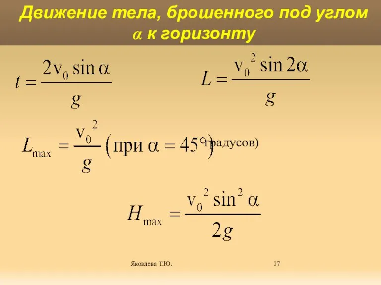 Яковлева Т.Ю. Движение тела, брошенного под углом α к горизонту градусов)