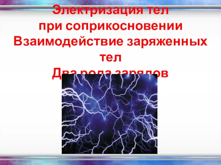 Электризация тел при соприкосновении Взаимодействие заряженных тел Два рода зарядов