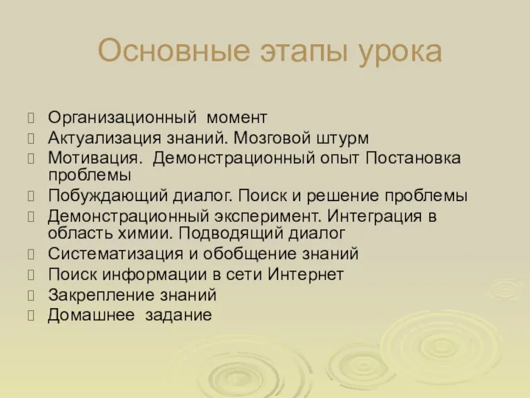 Основные этапы урока Организационный момент Актуализация знаний. Мозговой штурм Мотивация. Демонстрационный опыт